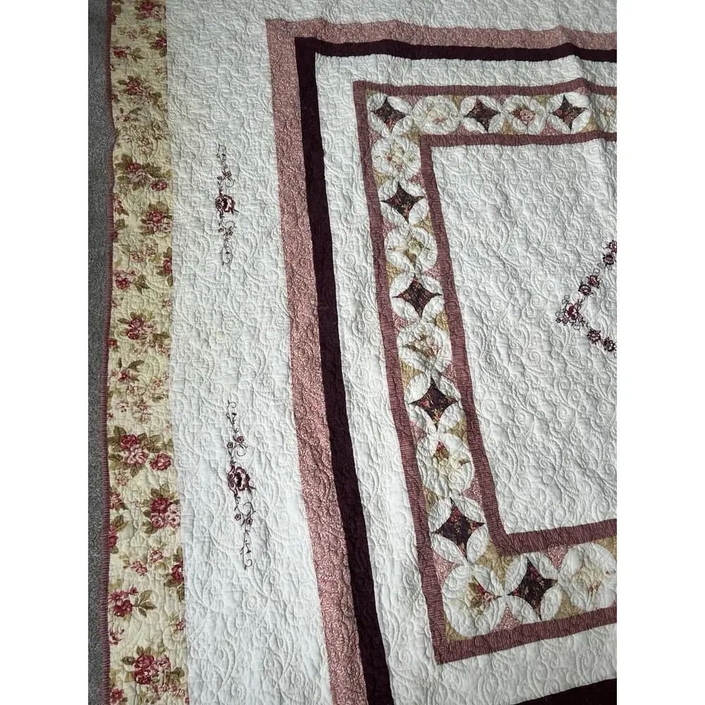 Handmade Quilted Bed Blanket Throw Floral Geometric Grannycore Cream Multicolor